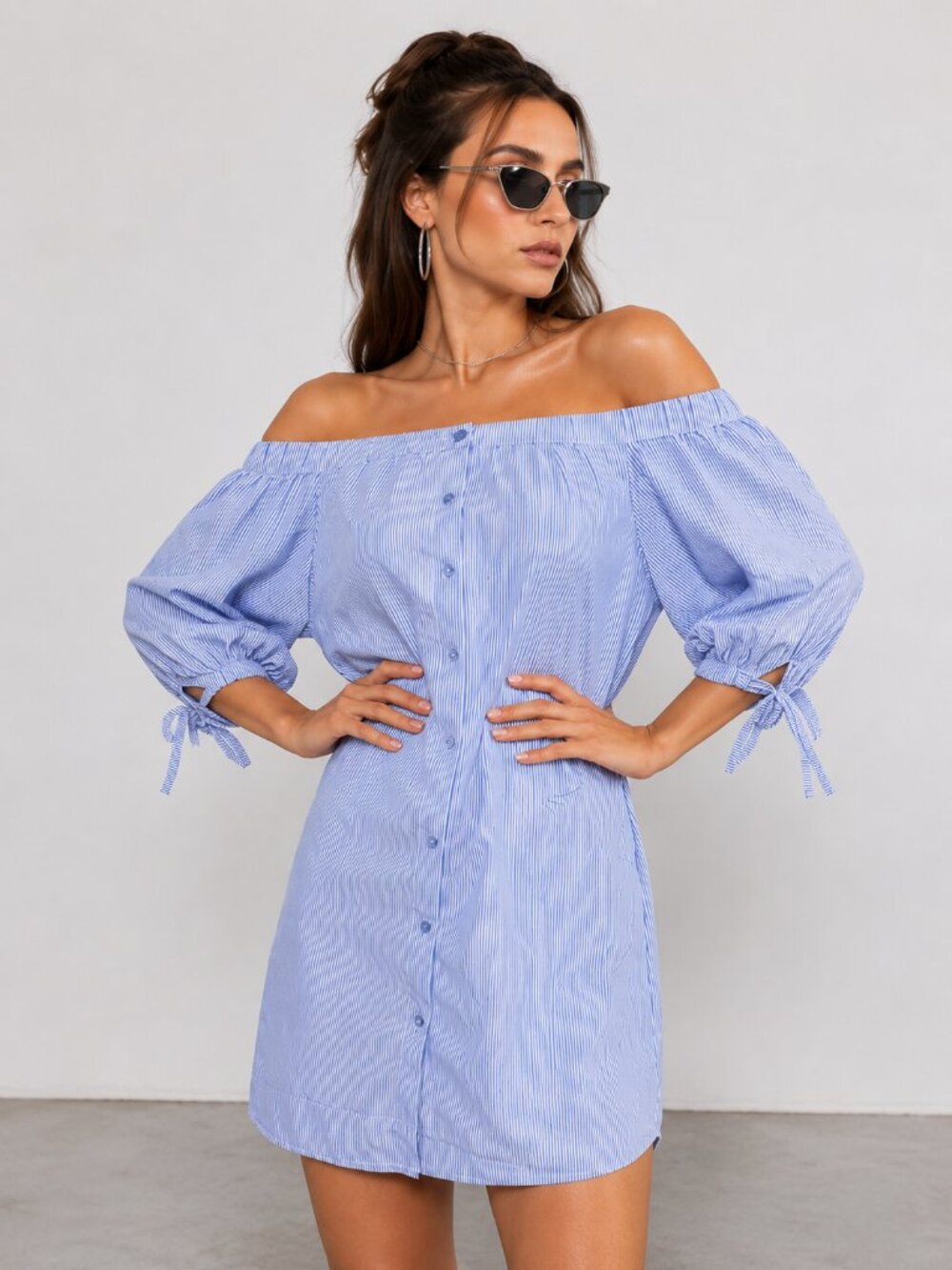 Blue White Striped Off Shoulder Dress Puff Sleeve Coquette NWT